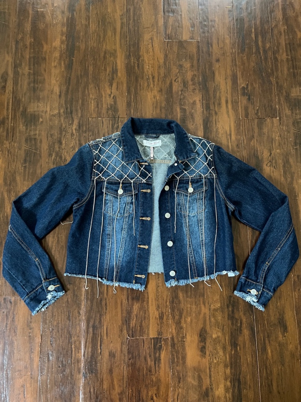 Denim Blvd Cropped Dark Blue Jean Jacket with Rhinestone String Detail Size L